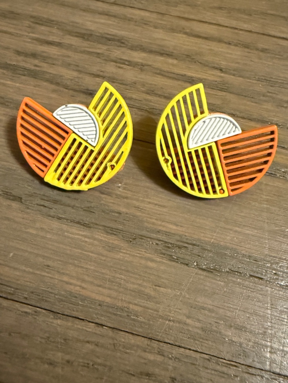 Geometric Half-Moon Enamel Earrings in Yellow, Orange, and White - Picture 2 of 4
